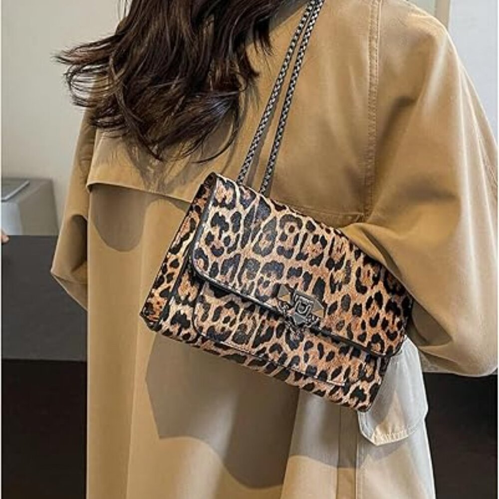 Neiman Marcus Light Brown Leopard Print Metal Buckle Chain Shoulder Bag